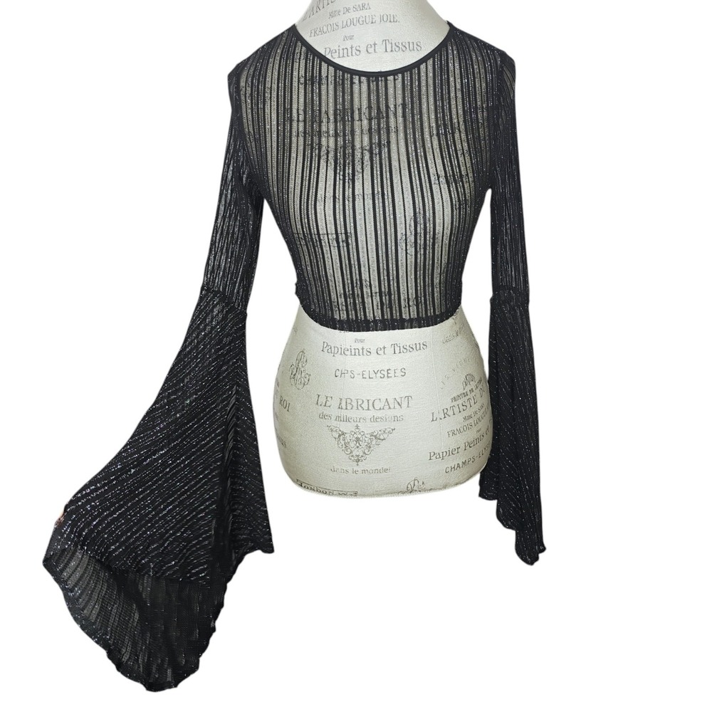 Women's Sheer Bell Flare Sleeve Crop Top XS/S Black Metallic Witchy Whimsigoth